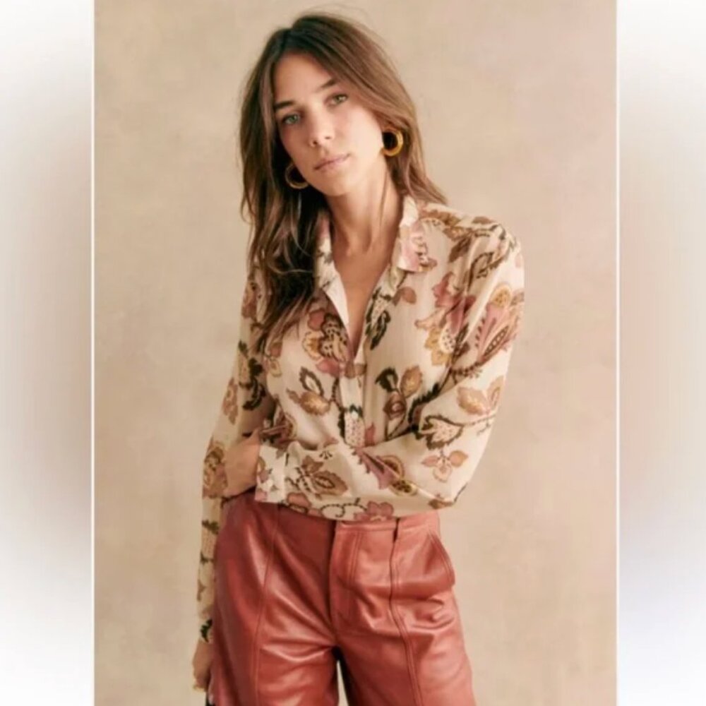 NWOT SEZANE PIERRO SHIRT Merveille Print Silk Cotton Pink Brown 42 (US 10-10) - Picture 2 of 10
